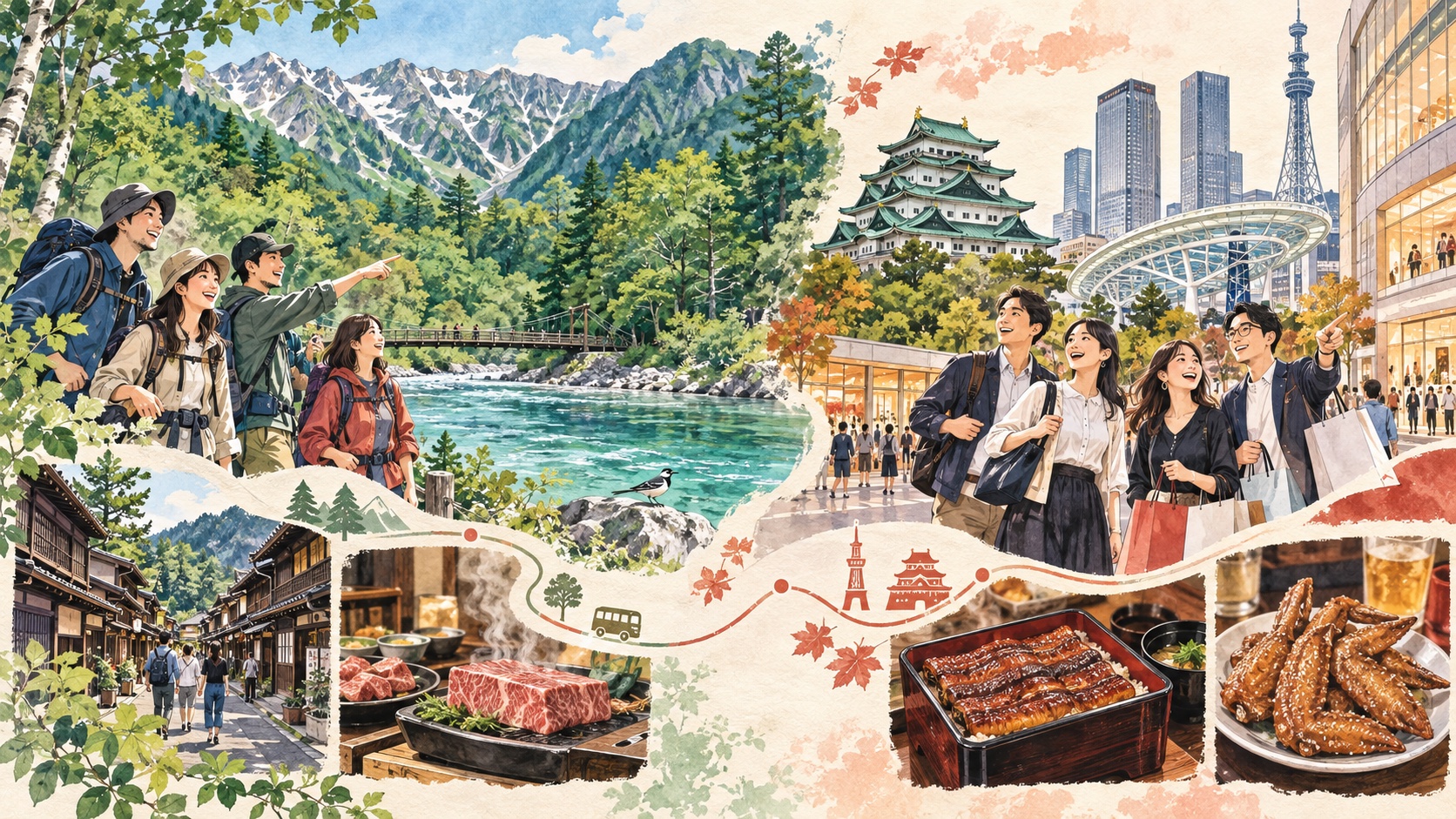 高山上高地與名古屋兩條員工旅遊路線插畫