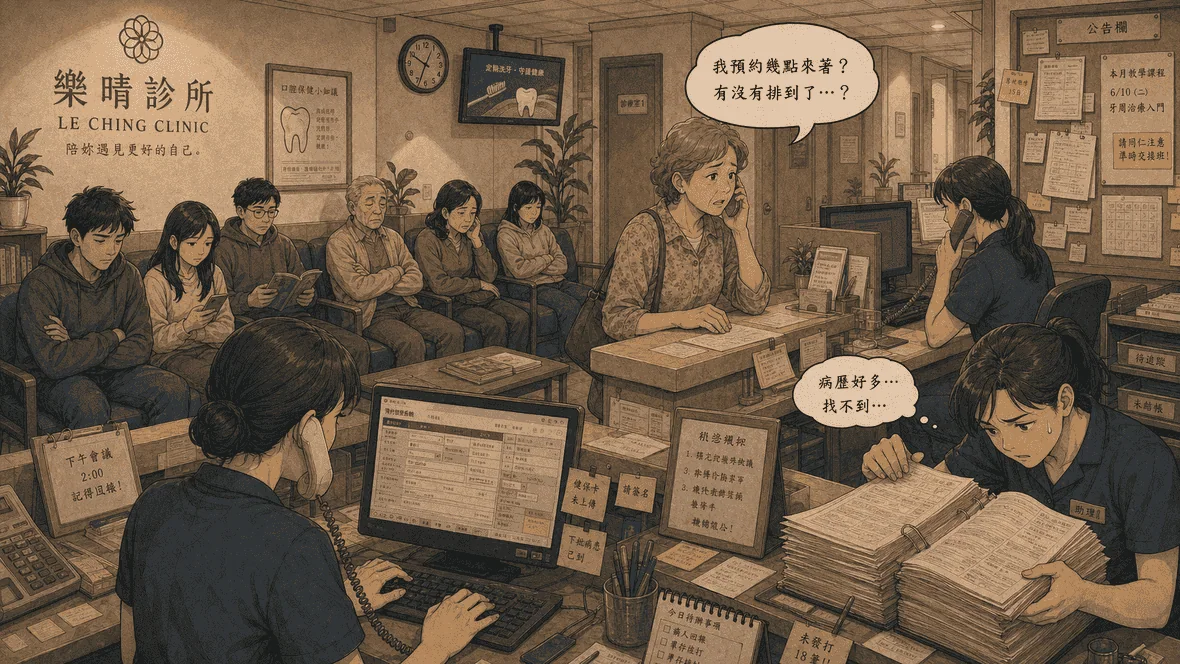 還沒遇見樂晴前，櫃檯需要電話確認預約的分鏡